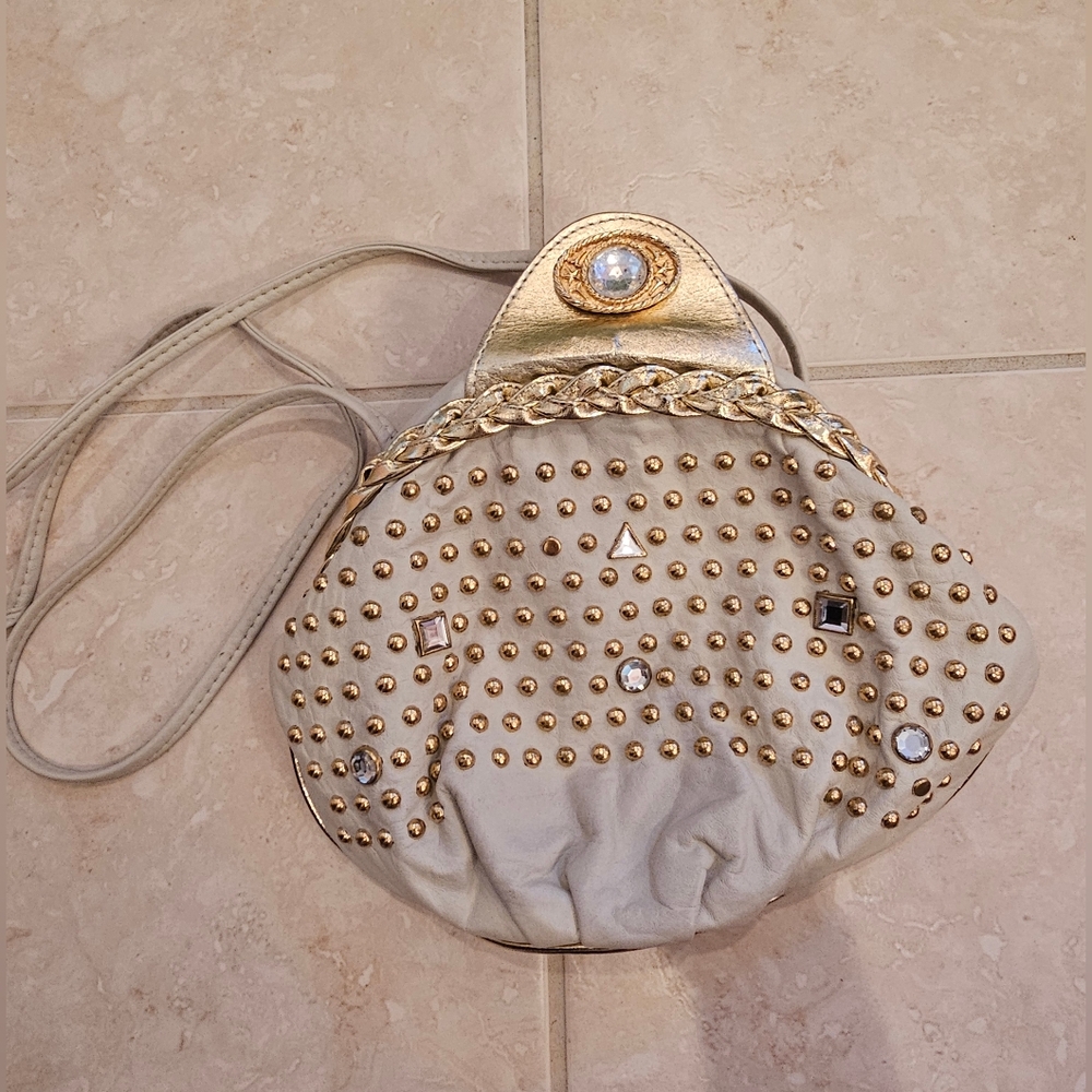 Vintage Studded Gem Purse Cream and Gold Rhinestone Genuine Leather